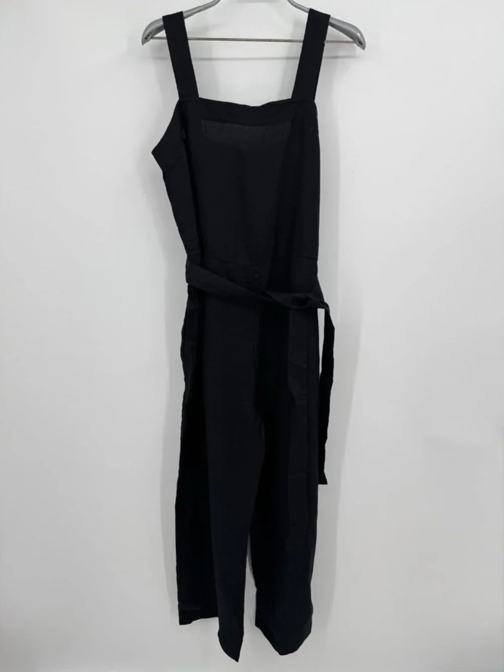 Quince 100% European Linen Belted Square Neck Jumpsuit in Black size M Medium
